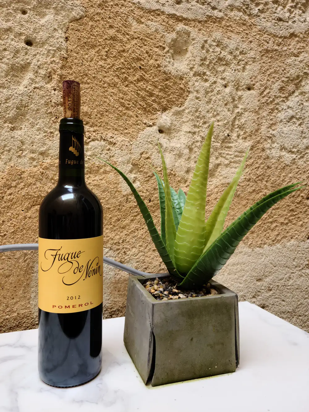 Bottle of 2012 Fugue de Nénin Pomerol red wine beside a potted aloe plant on a marble table against a stone wall in Bordeaux