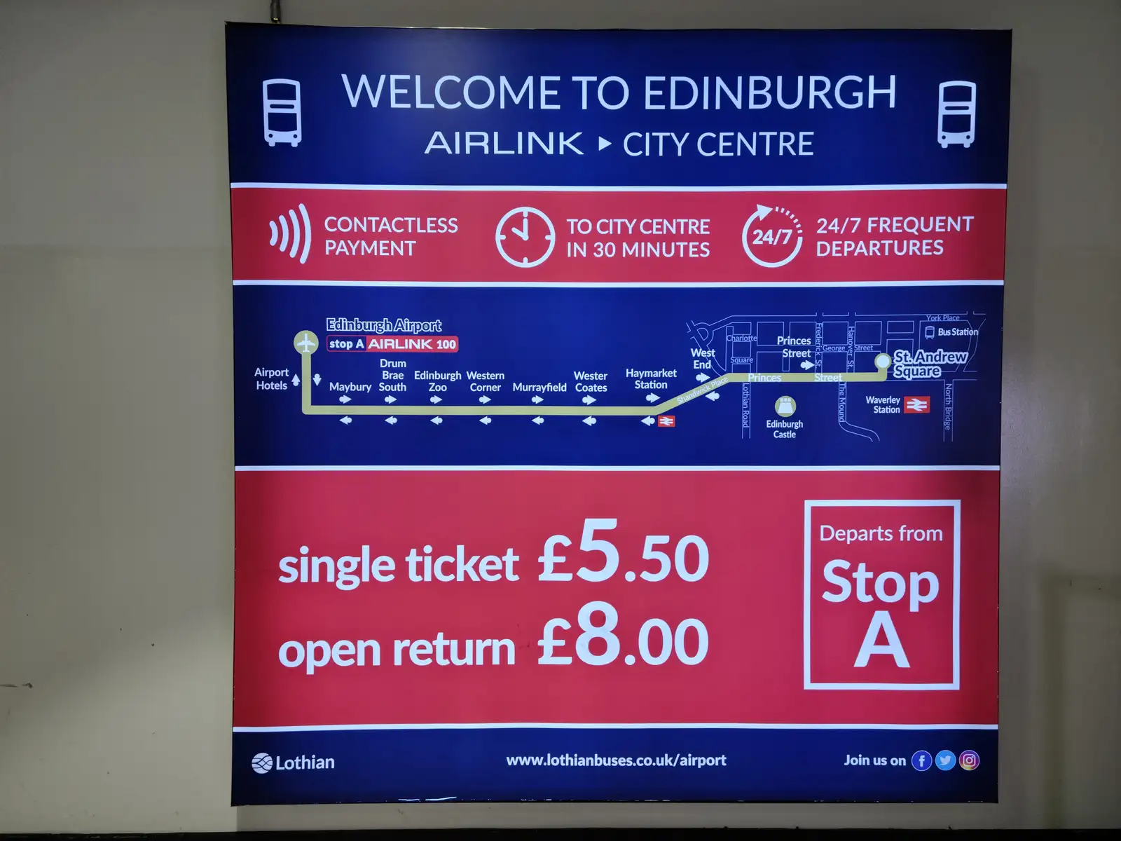 Airlink 100 bus route sign at Edinburgh Airport showing stops to city center, fares and Stop A departure point